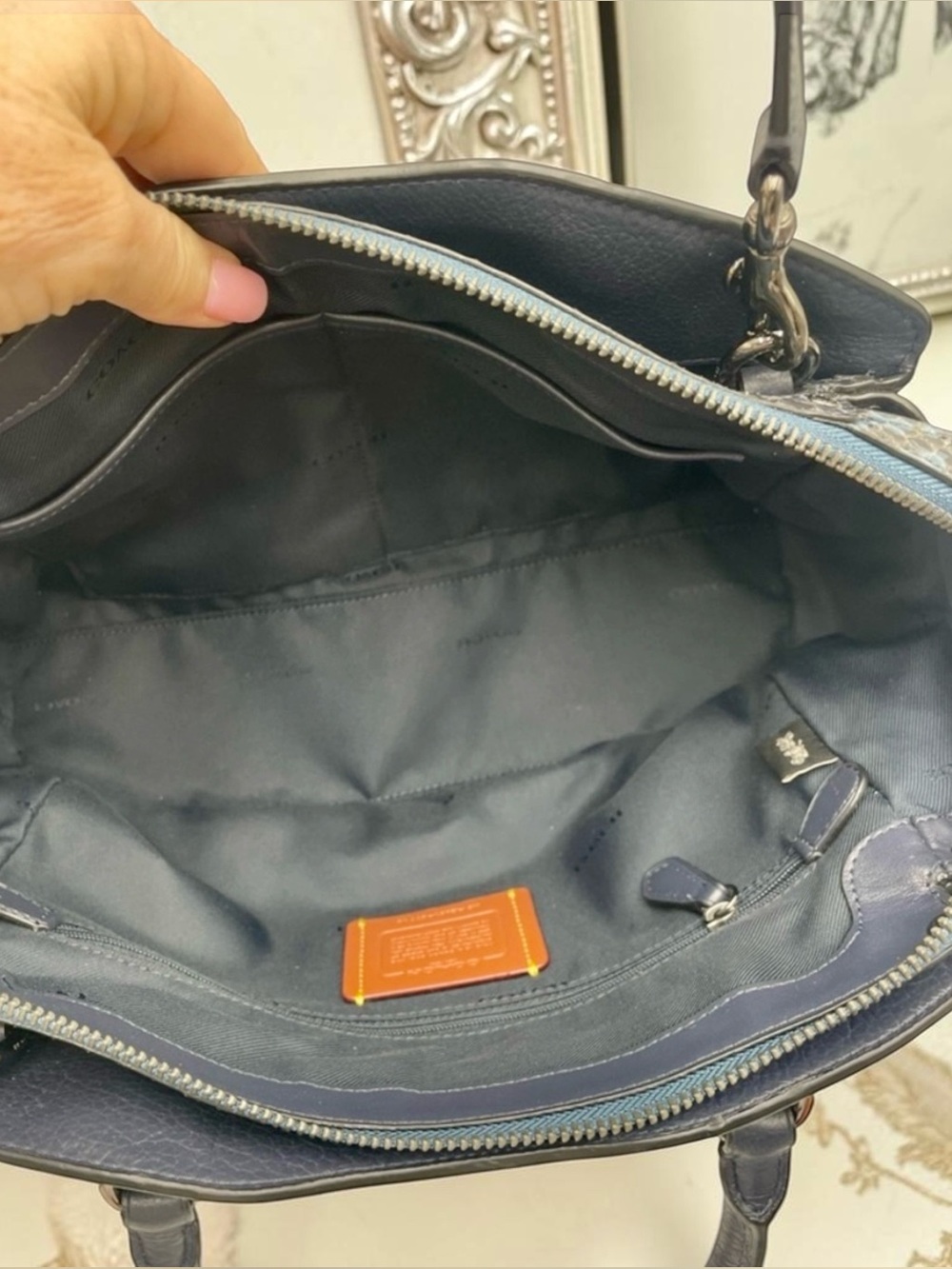 *SOLD* COACH Drew Satchel Navy Snakeskin Detail Top Handle Bag Crossbody - Picture 11 of 11